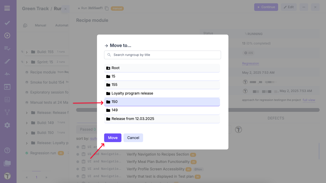Destination RunGroup selection dialog