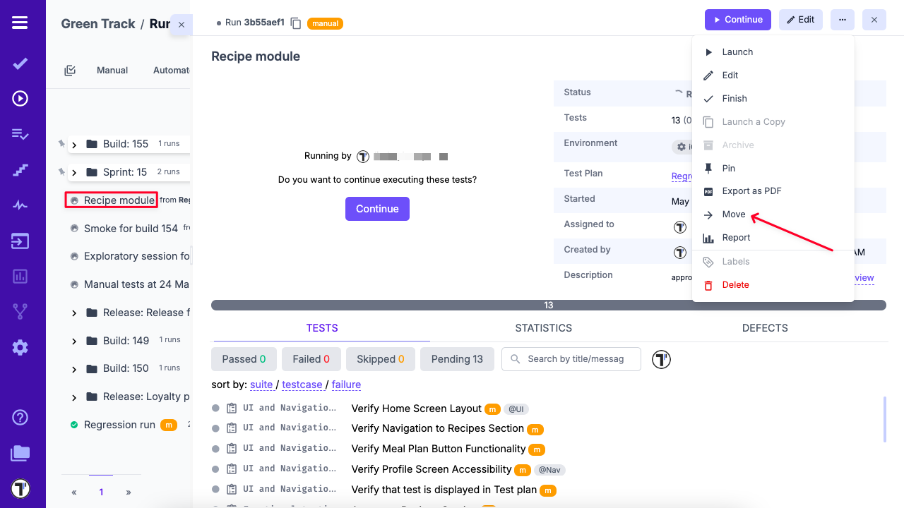 Move Run option in the dropdown menu