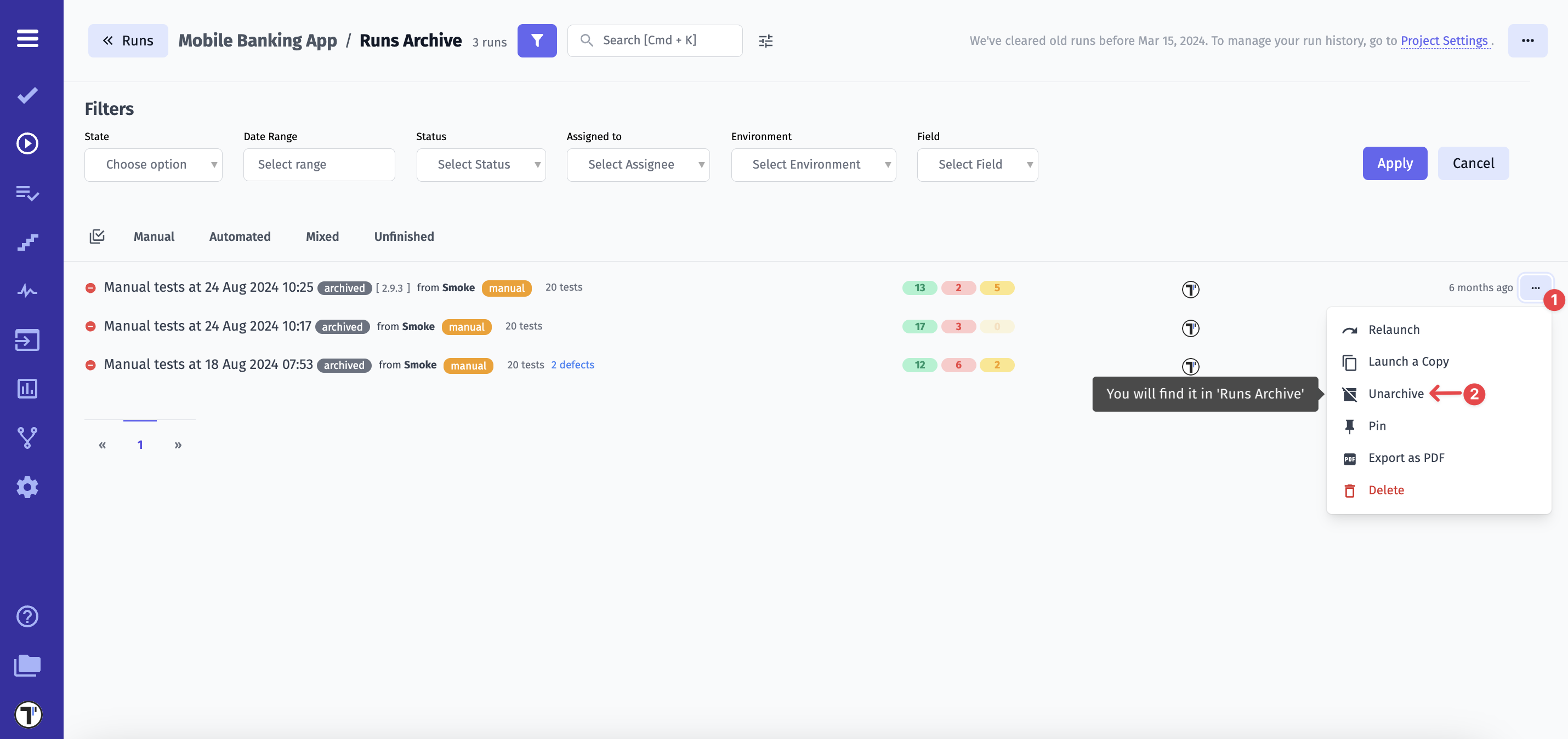 Unarchive Runs Archive
