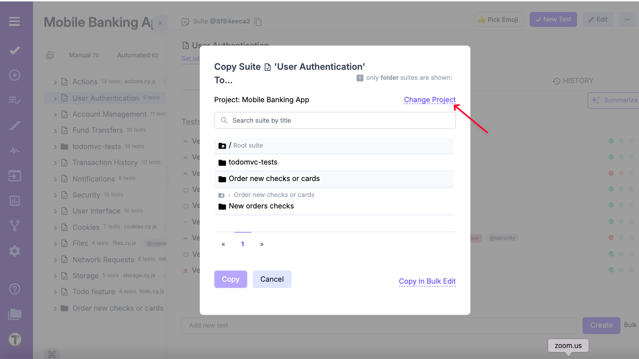Testomat.io - &#x27;Change project&#x27; button