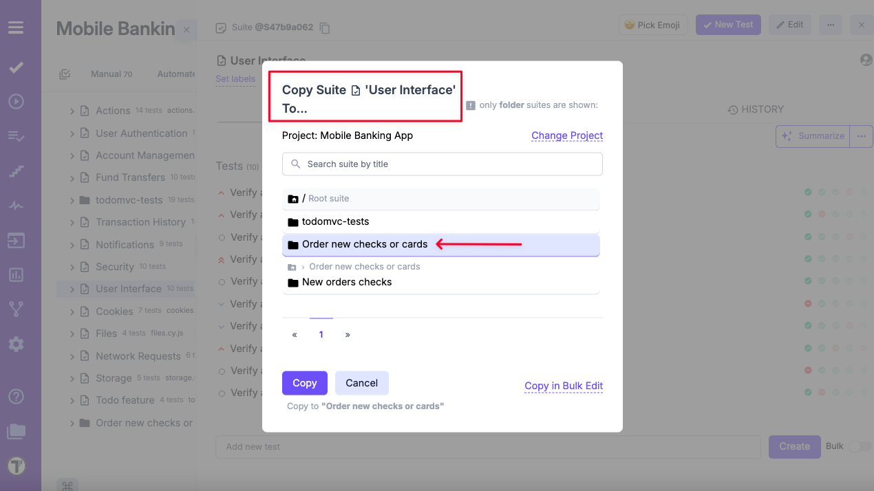 Testomat.io - &#x27;Copy tests&#x27; pop-up